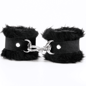 Front view of black fluffy wrist cuffs with black centre strap and silver snap.