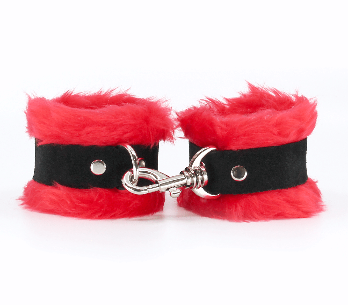 Front view of red fluffy wrist cuffs with black centre strap and silver snap.
