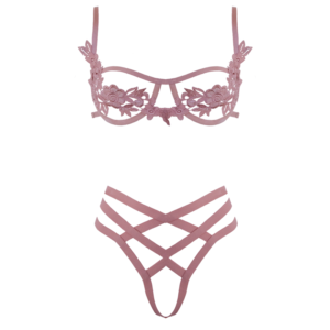 Pink 2 piece lingerie set with floral applique on bra and elastic strap g-string bottom