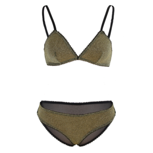 Sparkly gold lurex 2 piece lingerie set with black mesh panels in the back. Set includes triangle bralette and full brief. Shown on white background.