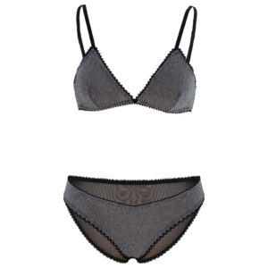 Silver metallic bralette and brief with see-through black mesh seat. Shown on white background.