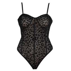 Black see-through mesh bodysuit with black leopard spots. Shown on white background.