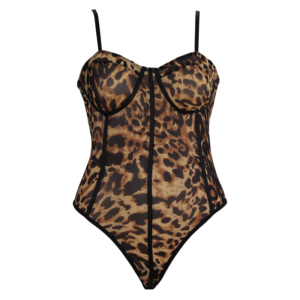 Leopard print sheer mesh one-piece bodysuit with black straps and binding. Shown on white background.