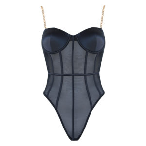 See-through black mesh lingerie teddy bodysuit with gold chain bra straps. Shown on white background.