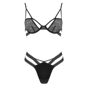 Black lace bra with strap detail is paired with matching black satin gstring. Plain white background.