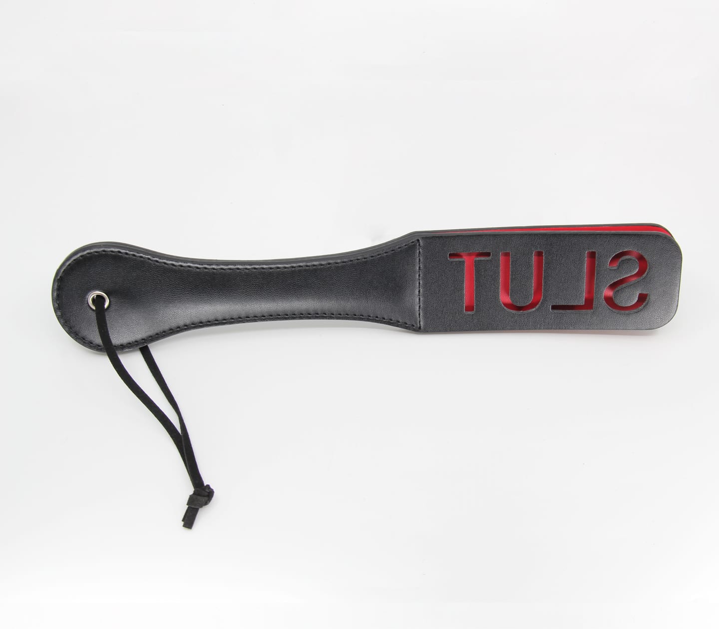 black pu paddle with red word cutout slut