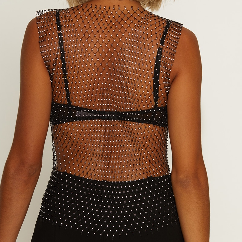 See through black mesh top with diamantes, sleeveless with high neck- back view