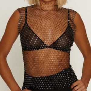See through black mesh top with diamantes, sleeveless with high neck
