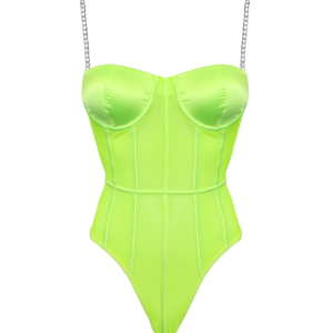See-through fluro mesh lingerie teddy bodysuit with silver chain bra straps. Shown on white background.