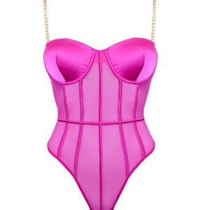 See-through pink mesh lingerie teddy bodysuit with gold chain bra straps. Shown on white background.