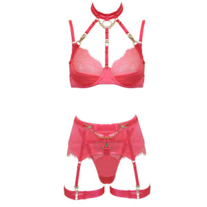 Electric coral-pink lingerie set includes bra, garter belt, g-string and thigh bands. Features gold hardware.
