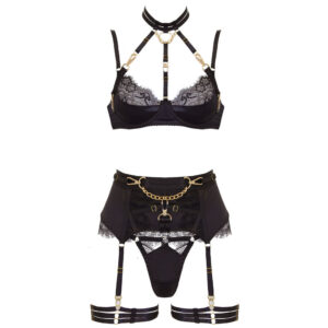 Black lycra and lace lingerie set which includes a harness bra, garter belt, g-string and thigh bands. Features gold hardware.
