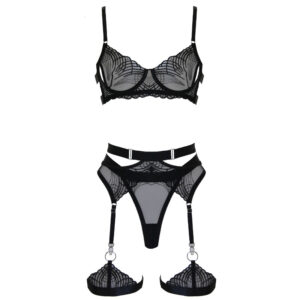 Black Muse lingerie set includes mesh bra, g-string, garter belt and leg thigh bands